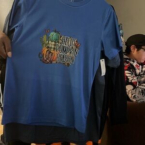 Blue Kids Shirt with 'Hello Pumpkin Season' Design
